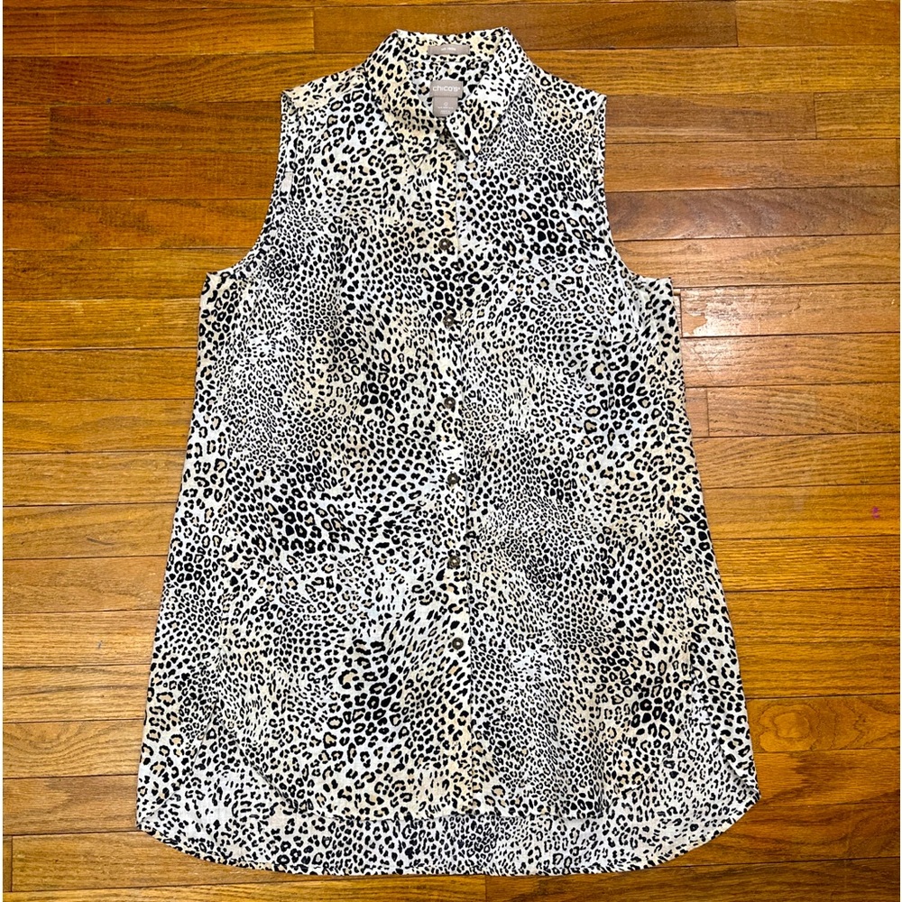 Chicos No Iron Linen Animal Print Sleeveless Side Slits Tunic Top Sz 0 US 4/6